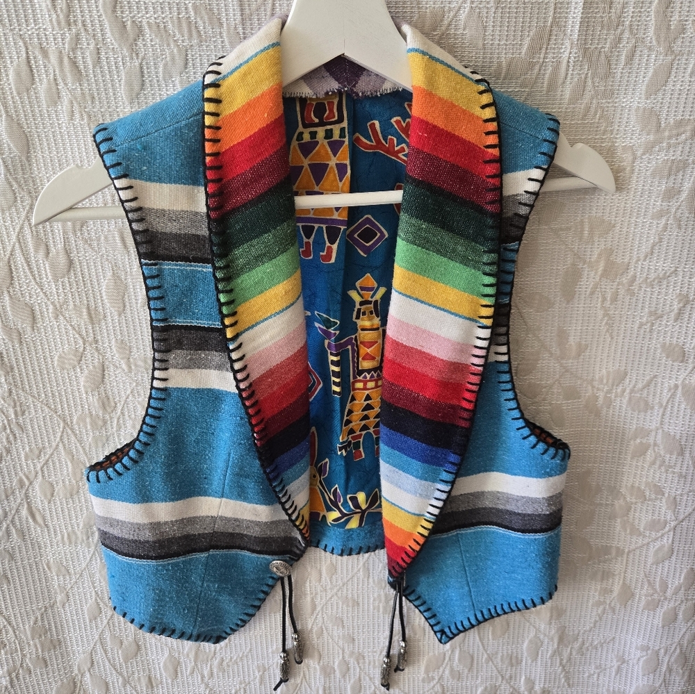 Handmade Vintage Native Patterned Wool Vest, Size XS/S